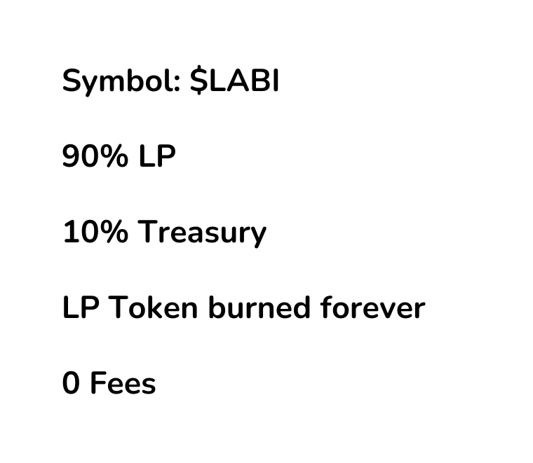 Symbol LABI 90 LP 10 Treasury LP Token burned forever 0 Fees